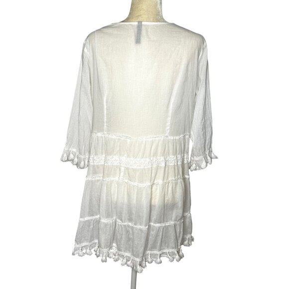 Me 2 Magic Mini Dress XL Cotton White Eyelet Lace Tassel Boho Prairie Beachy - Picture 5 of 12